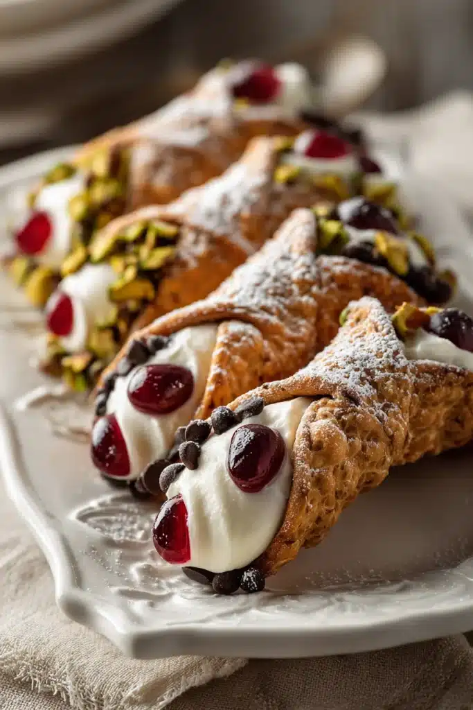 Cannoli siciliani with crispy pastry shells and creamy ricotta filling on white platter