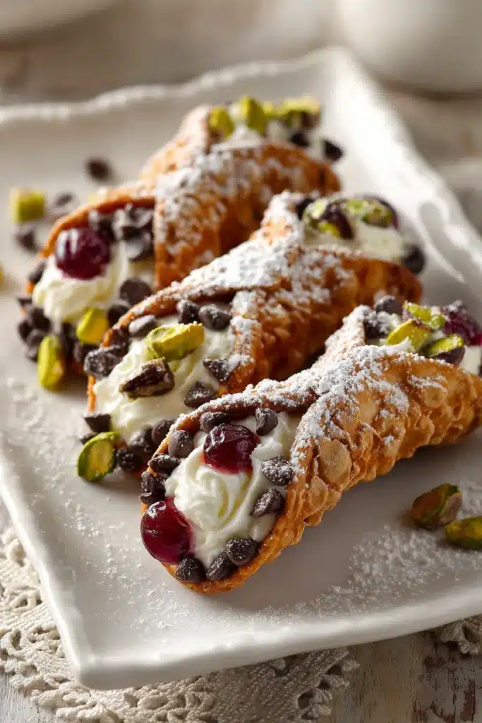 Cannoli siciliani with crispy shells and creamy ricotta filling on white platter