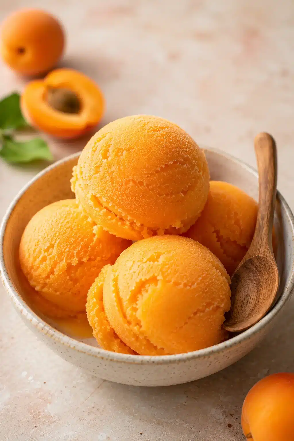 Cardamom apricot sorbet scoops in dish with smooth creamy texture