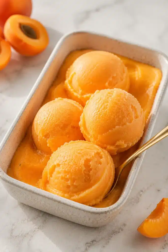 Cardamom Apricot Sorbet 3 Cardamom apricot sorbet scoops in dish with smooth creamy texture