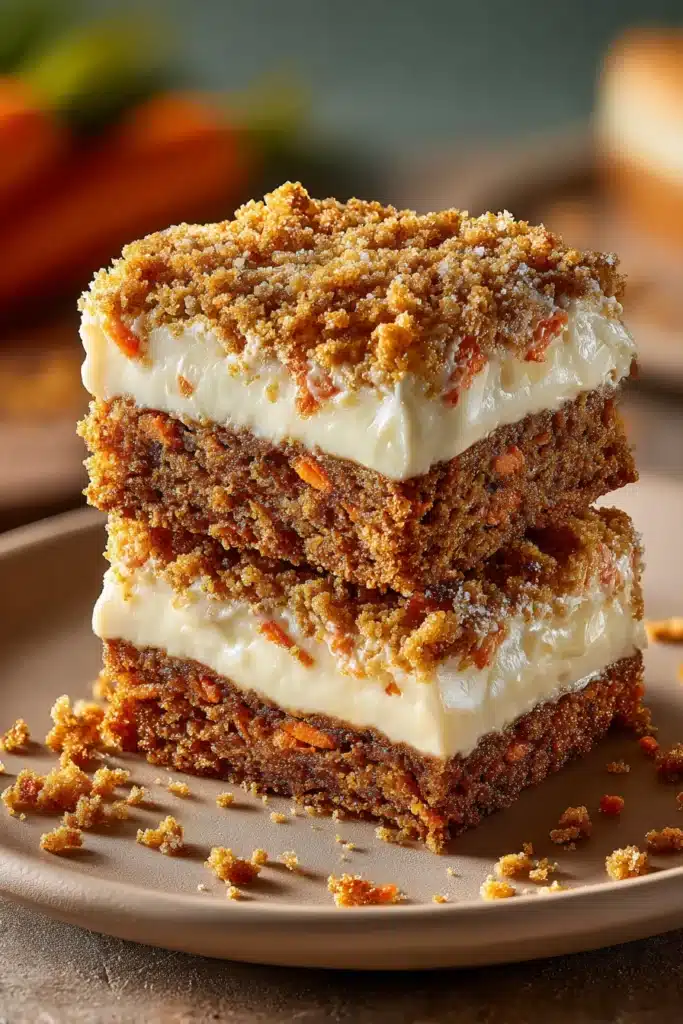Carrot Cake Cream Cheese Bars stacked with creamy filling and crumb topping