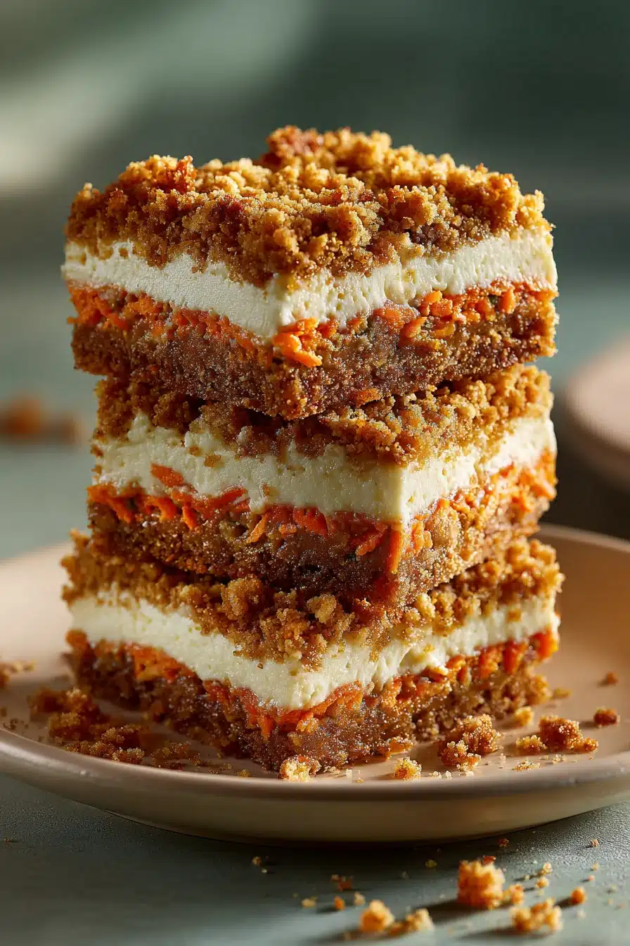 Stacked carrot cake cream cheese bars with creamy layers and crunchy topping