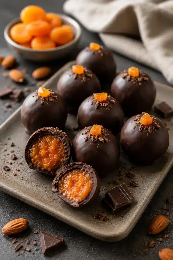 Chocolate Apricot Balls with soft orange center and chocolate coating