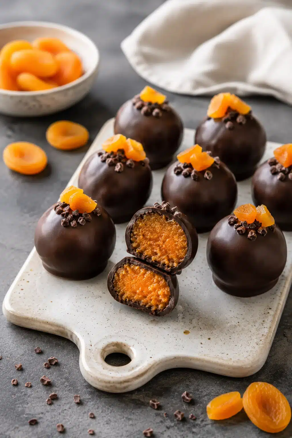 Chocolate apricot balls with glossy coating and soft fruity center on serving board