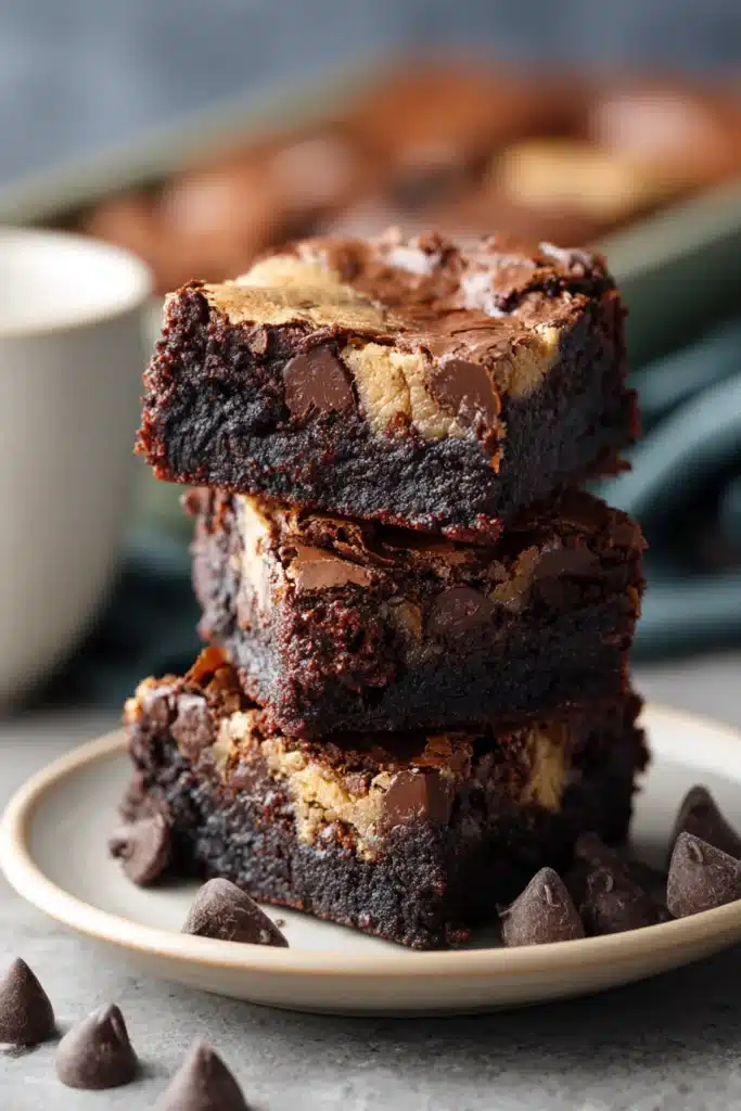 Stacked chocolate chip cookie brownies with fudgy layers and chewy chocolate chip topping