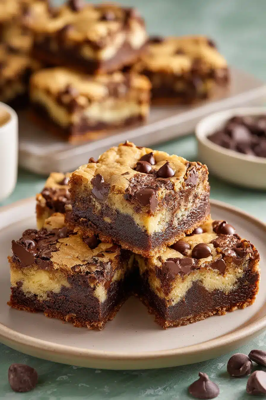 Chocolate chip cookie brownies stacked with fudgy brownie layers and chewy cookie topping