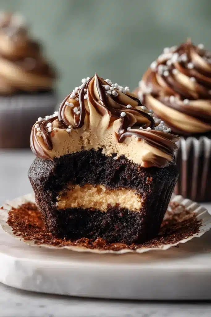 Chocolate Coffee Cream Cupcakes with creamy coffee filling and chocolate swirl frosting