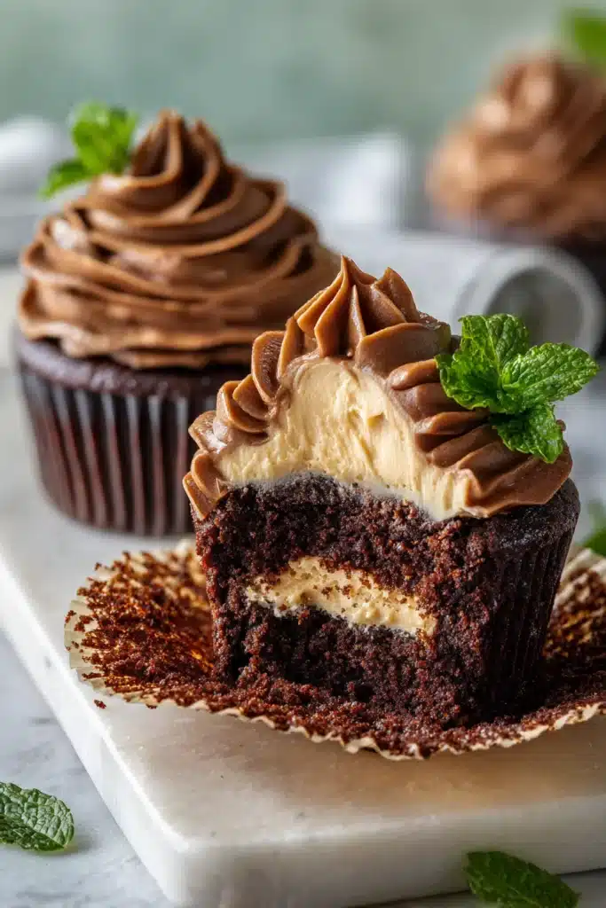 Chocolate Coffee Cream Cupcakes with creamy coffee filling and chocolate swirl frosting