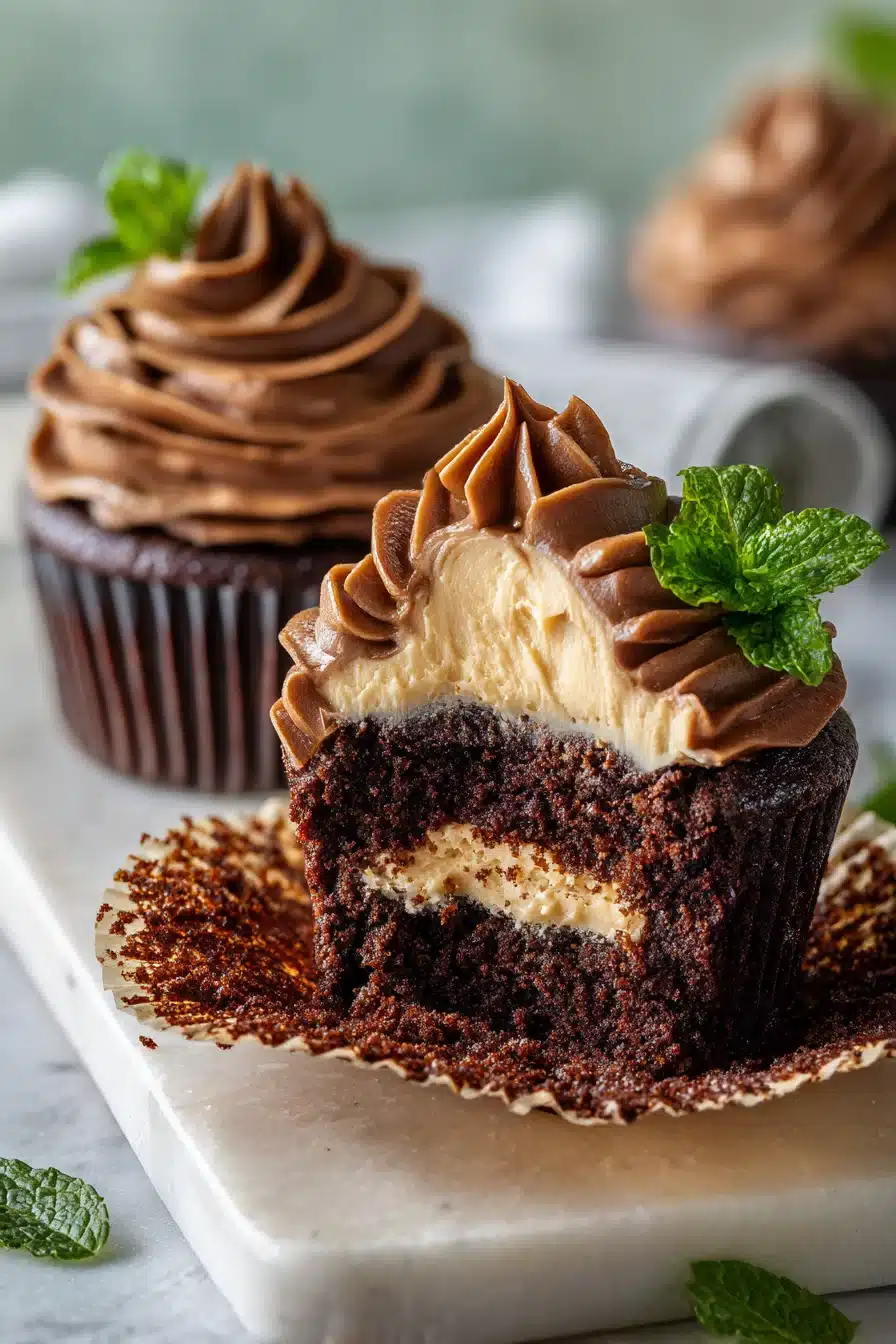 Chocolate Coffee Cream Cupcakes with creamy coffee filling and chocolate swirl frosting