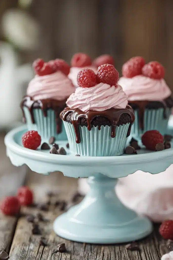 Chocolate raspberry cupcakes with pink frosting and fresh raspberries on top
