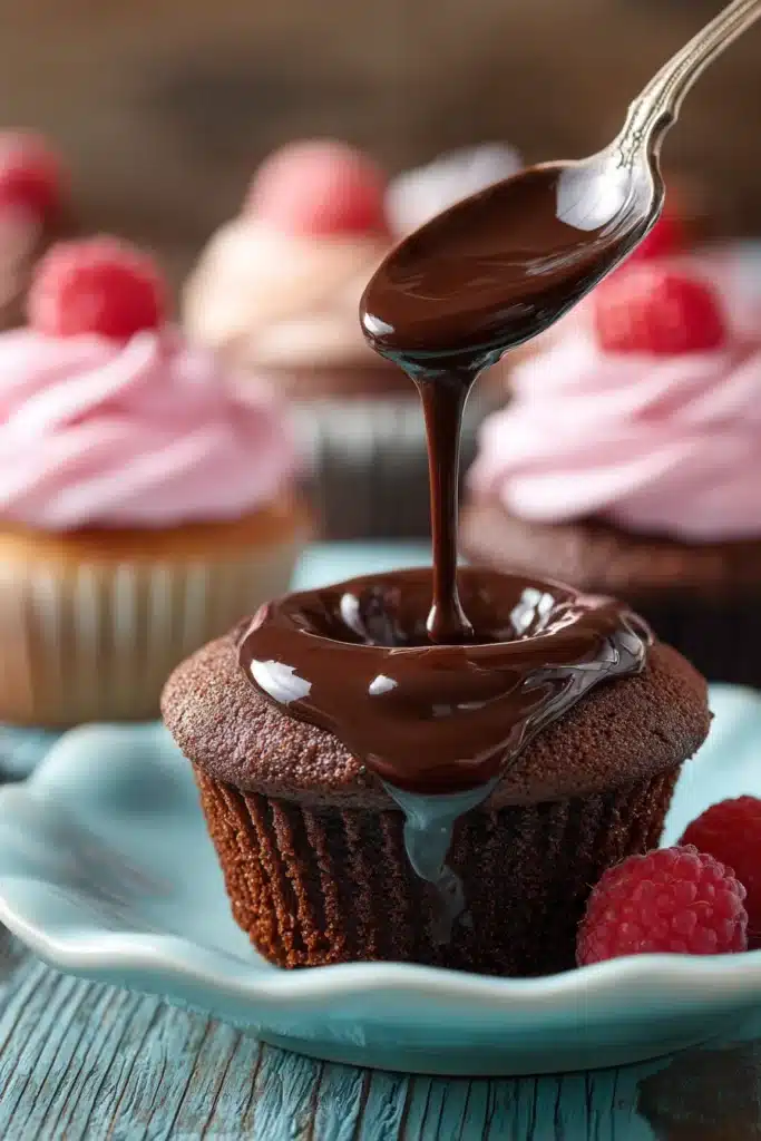 Chocolate raspberry cupcakes filled with glossy chocolate ganache
