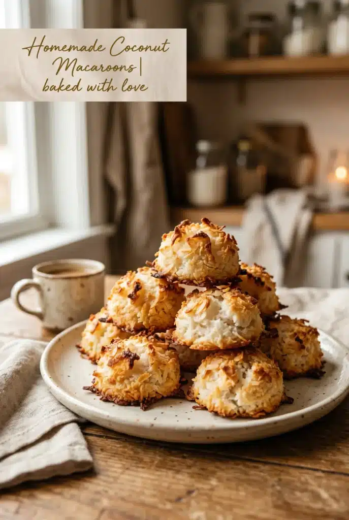 Easy coconut macaroons with crispy edges and soft chewy centers in a styled food photo