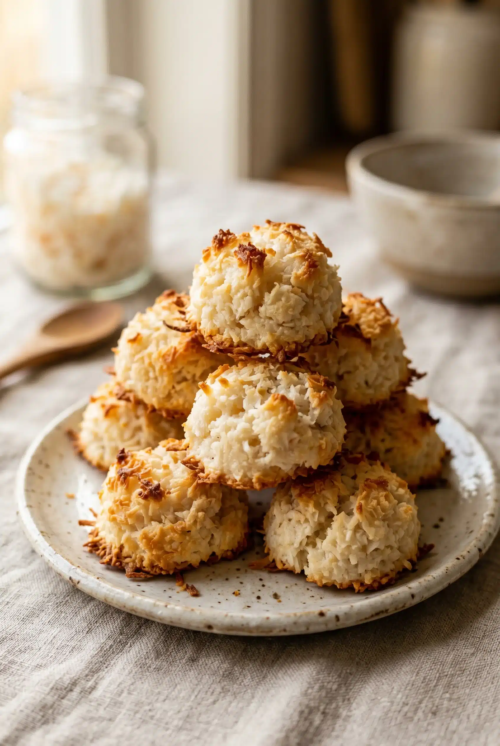 Golden coconut macaroons with crispy edges and soft chewy centers stacked on a plate