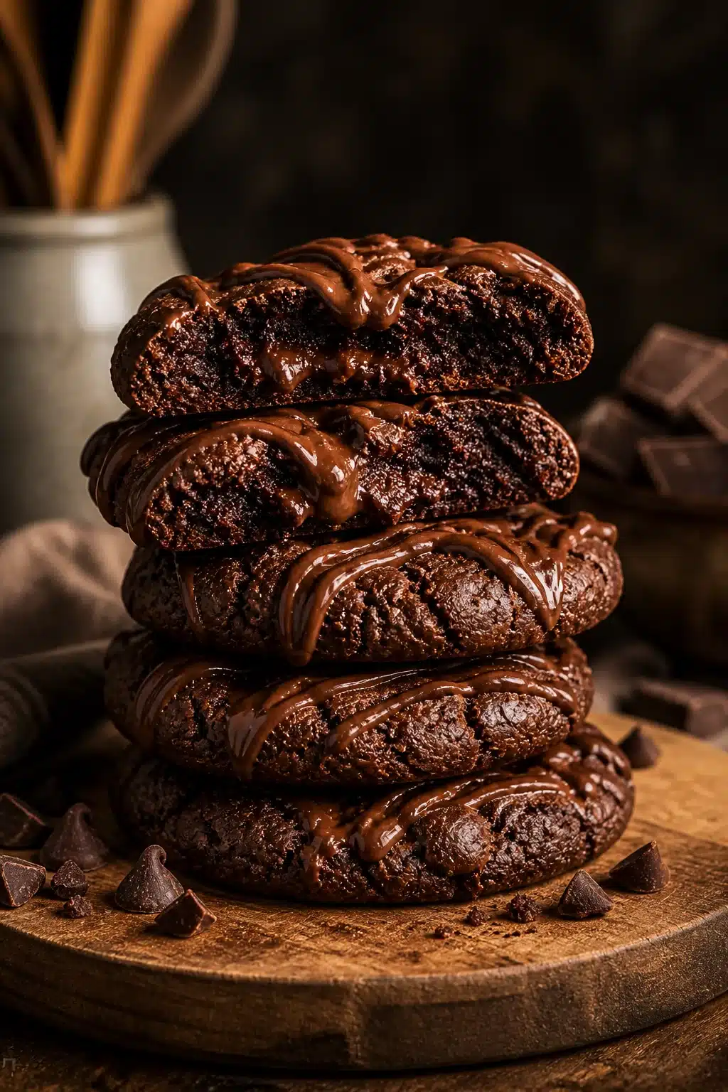 Condensed milk chocolate cookies with glossy chocolate drizzle stacked on a plate