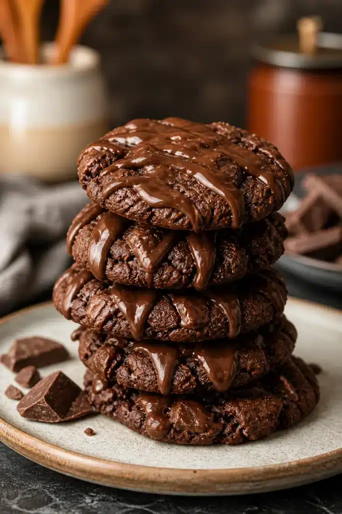 Stacked condensed milk chocolate cookies with drizzle and soft fudgy center