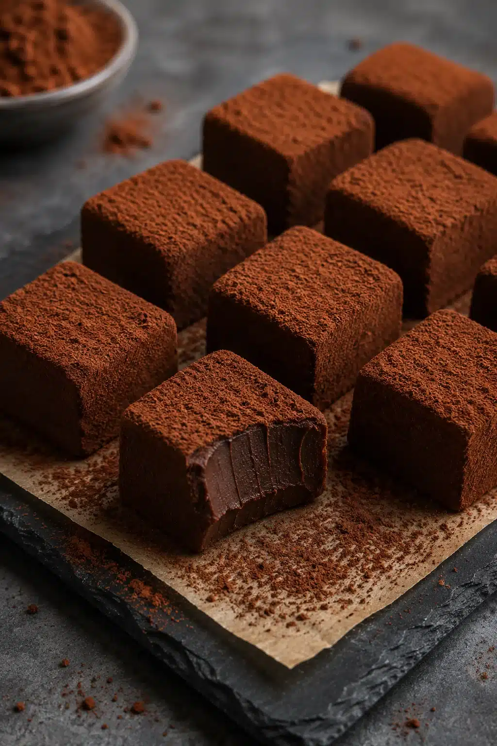 Condensed milk chocolate truffles coated in cocoa powder on board