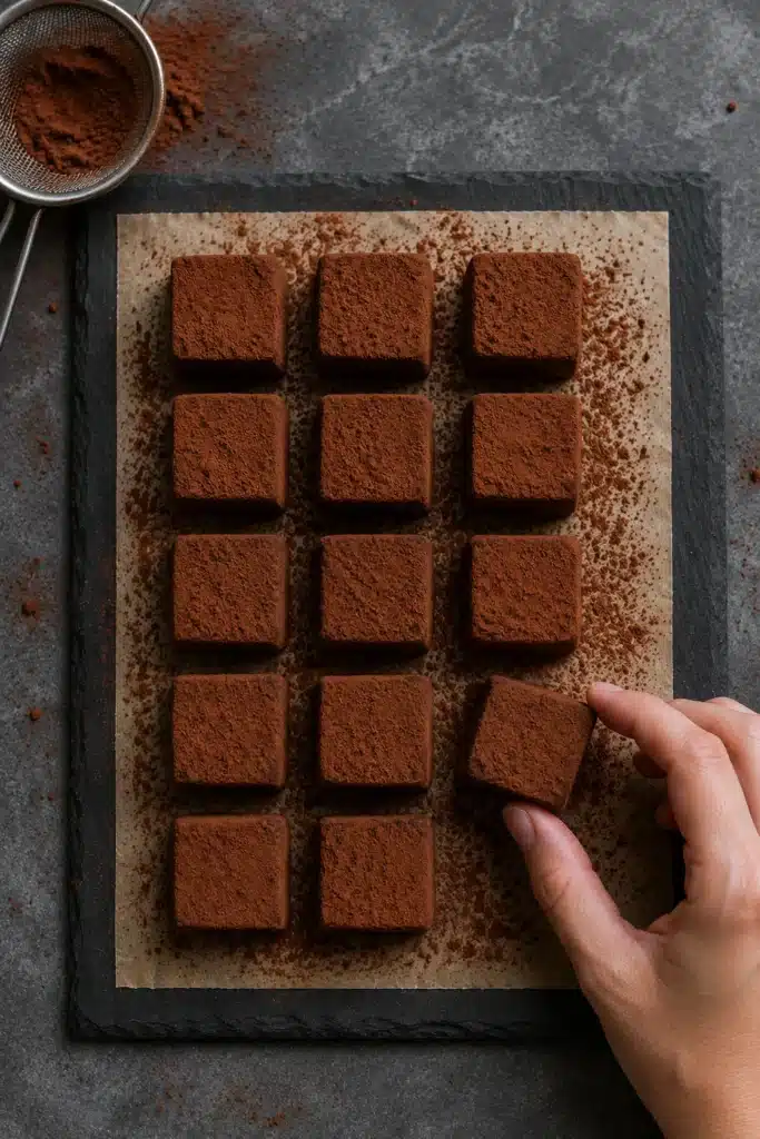 Condensed Milk Chocolate Truffles squares coated in cocoa powder