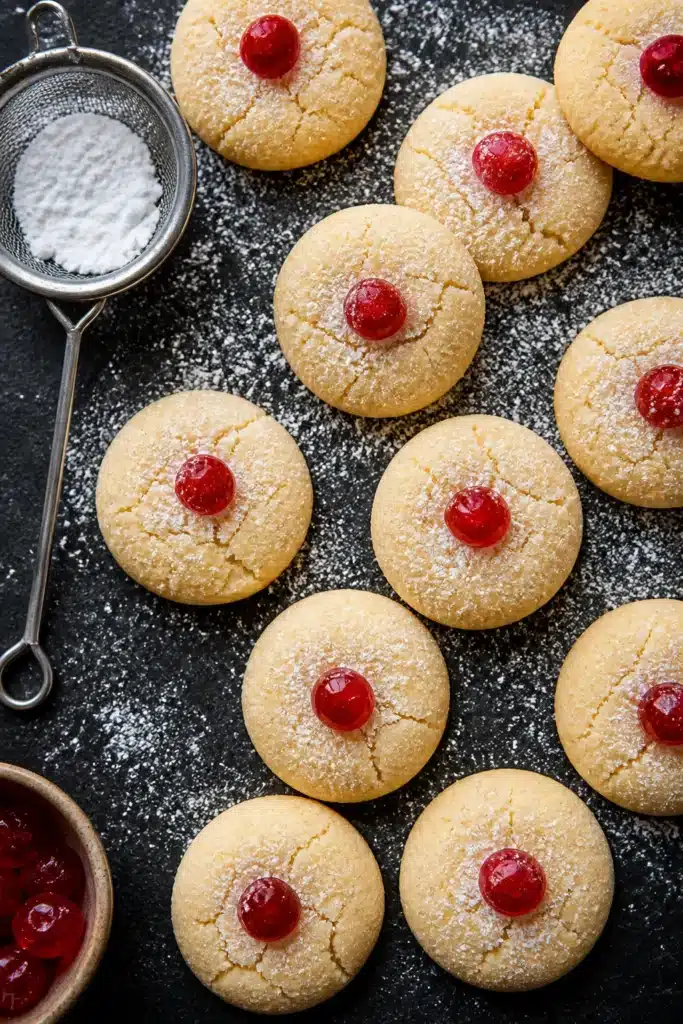 Top view of condensed milk shortbread cookies with powdered sugar and cherry centers