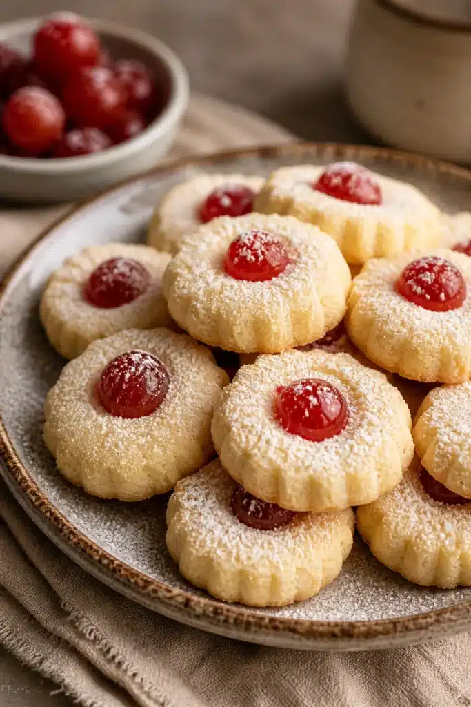 Condensed milk shortbread cookies with powdered sugar and cherry topping