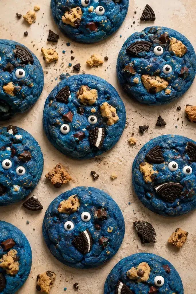 Cookie Monster cookies with blue dough and chocolate cookie toppings