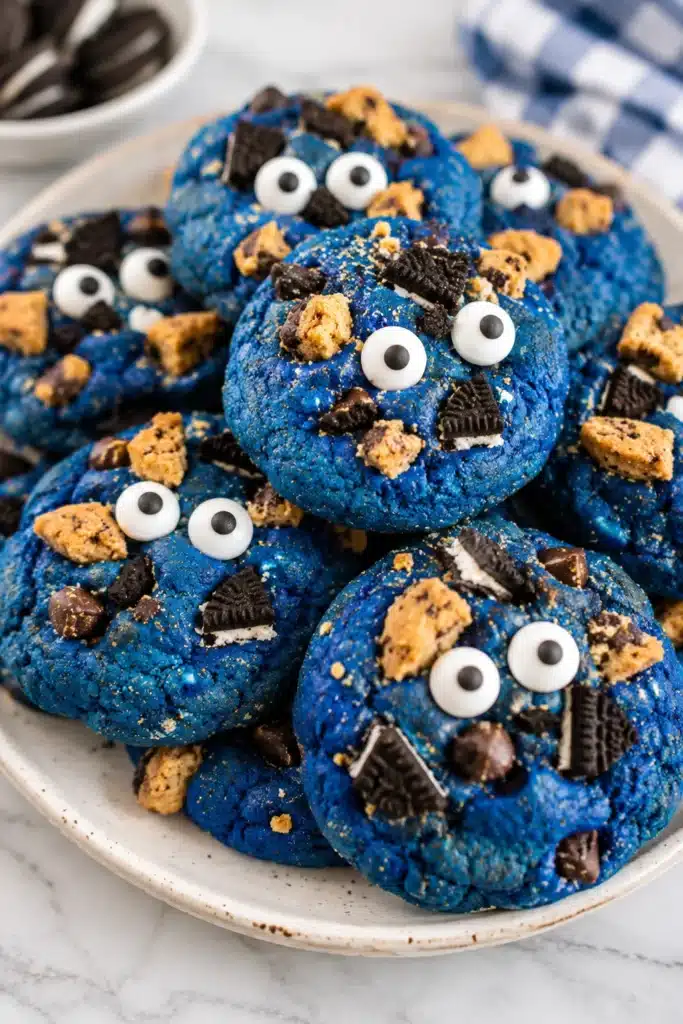 Cookie Monster cookies with blue dough, chocolate cookie pieces, and candy eyes