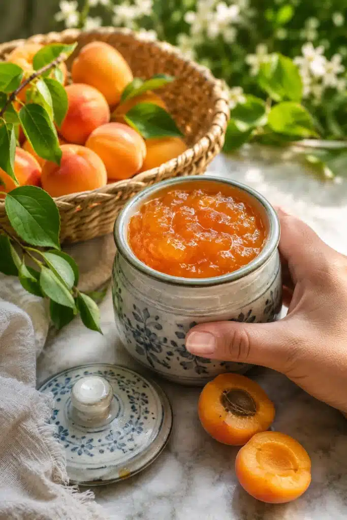 Easy Apricot Jam Recipe in jar with fresh apricots and basket