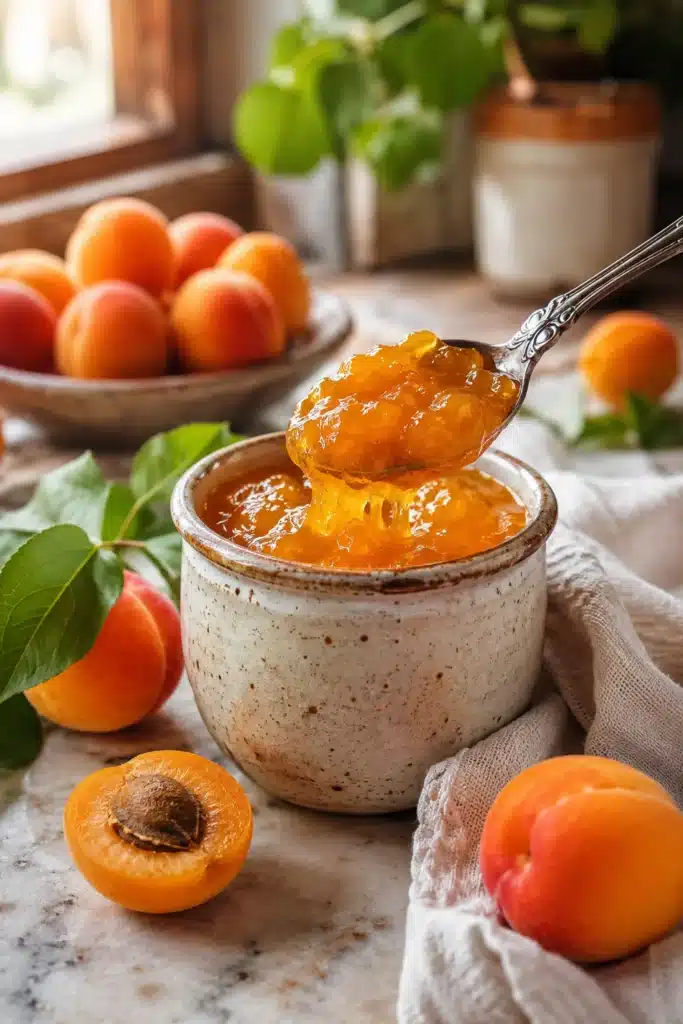 Easy apricot jam in jar with spoon and fresh apricots on rustic surface