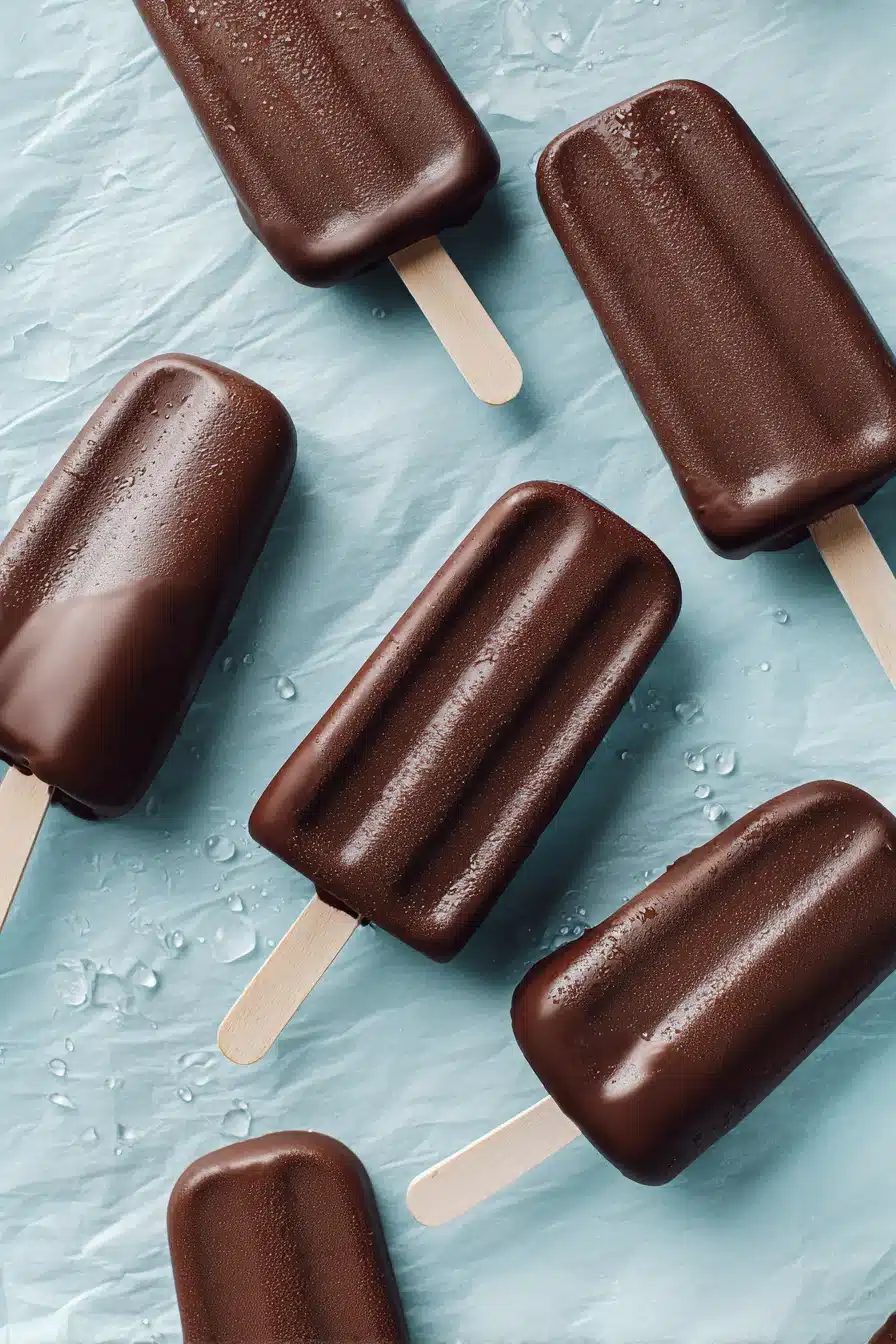 Easy chocolate covered bananas on sticks with smooth chocolate coating on parchment paper