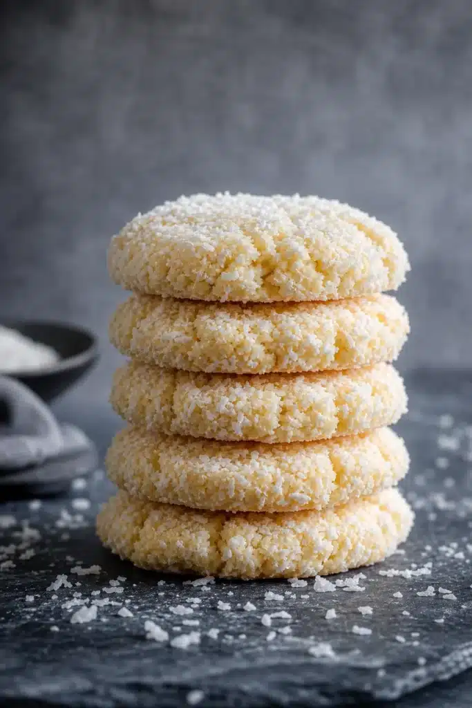 Stack of easy no-bake coconut cookies with soft crumbly texture on dark surface