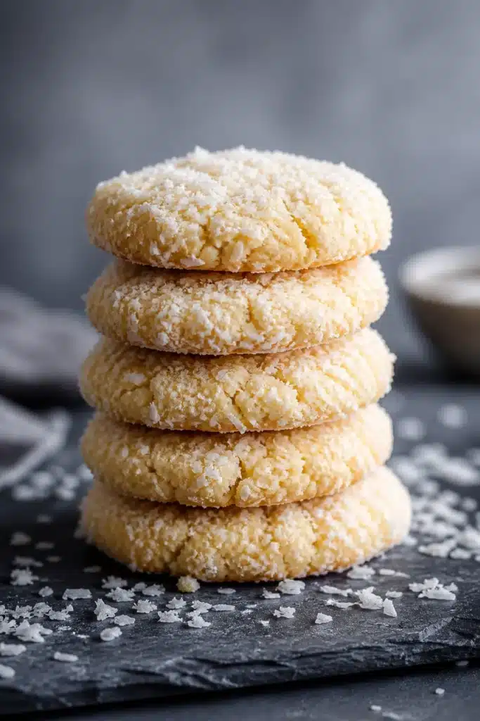 Stack of easy no-bake coconut cookies with shredded coconut on a plate