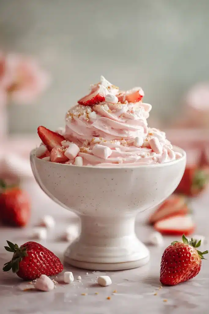 Easy Strawberry Fluff dessert with fresh strawberries and whipped cream in a glass serving bowl
