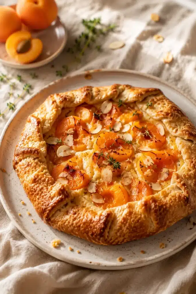 Elegant apricot galette with almond cream, flaky crust and fresh rosemary on marble surface