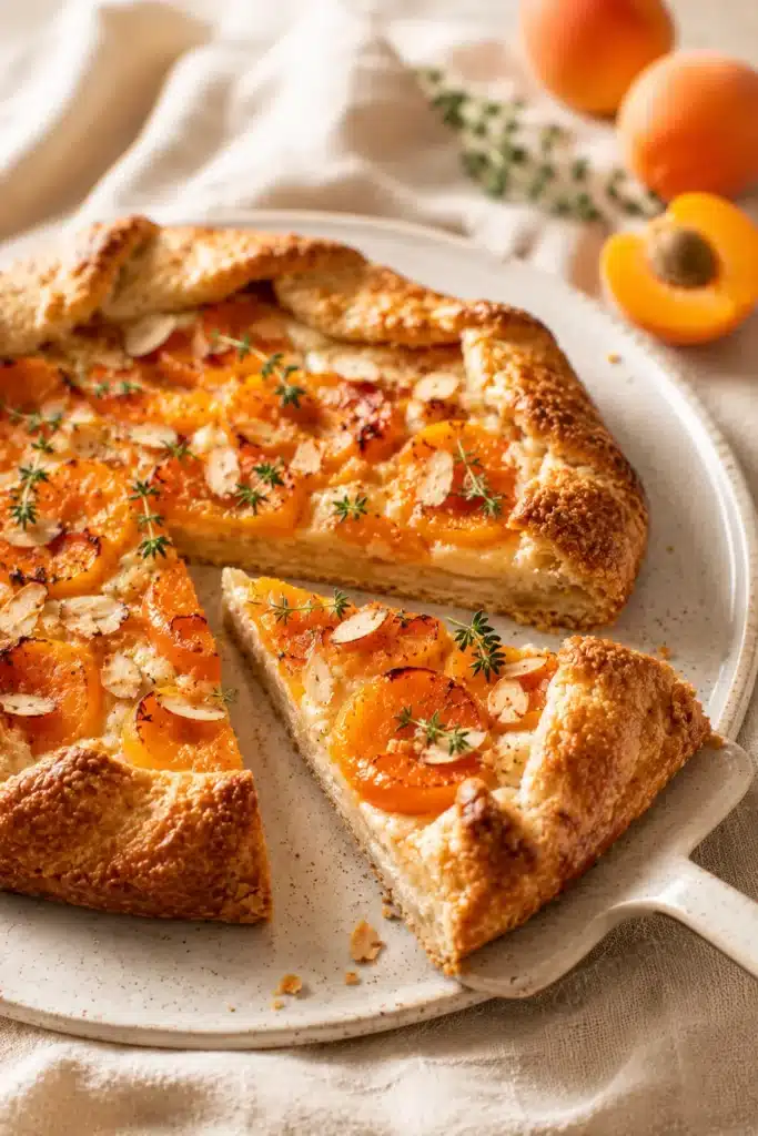 Elegant Apricot Galette with Almond Cream sliced showing flaky crust and juicy apricots