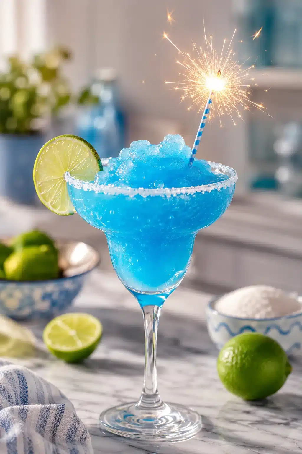 Firecracker Margarita with blue slush and candy rim topped with sparkler