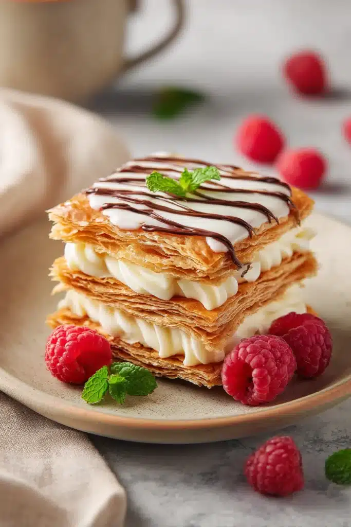 French mille-feuille pastry with vanilla cream and chocolate feather icing on a ceramic plate