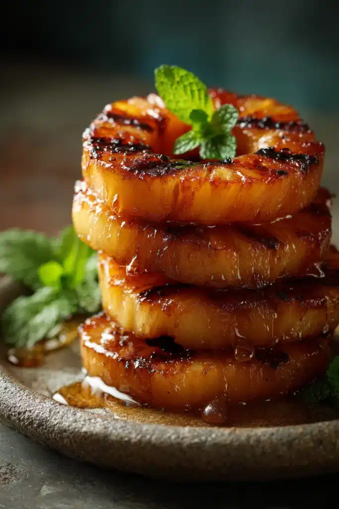Stacked grilled pineapple rings with caramelized glaze and fresh herbs