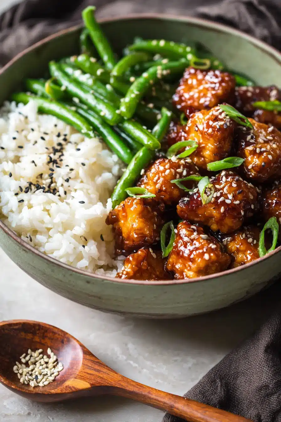 Healthy sesame chicken bowl with rice, green beans, and sesame seeds