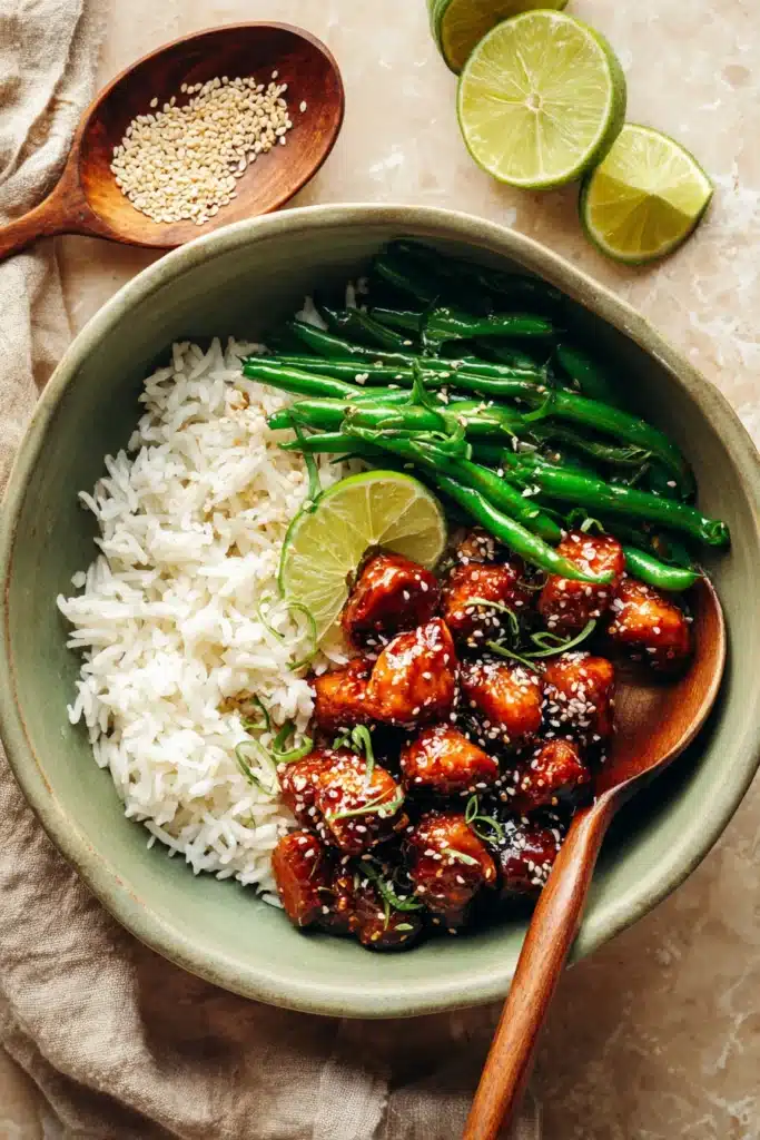 Healthy Sesame Chicken bowl with rice and green beans