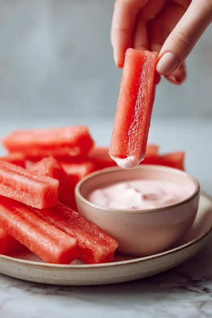 Healthy watermelon fries with strawberry yogurt dip on plate