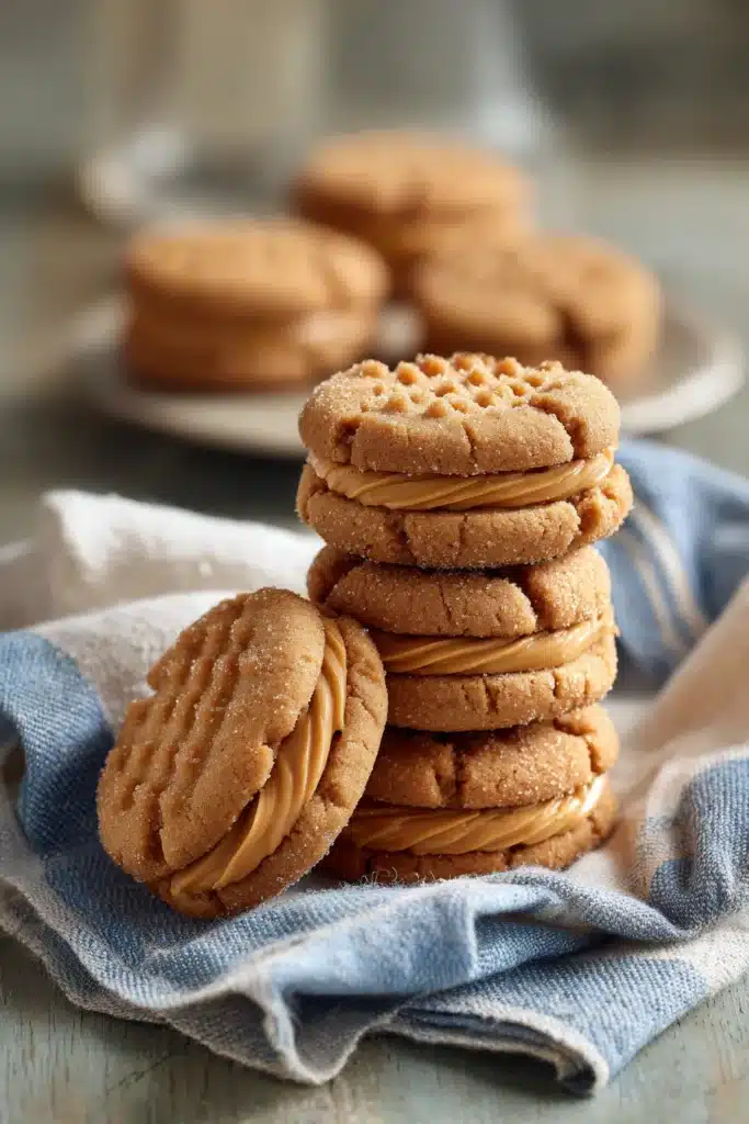 Homemade Nutter Butters 3 Homemade Nutter Butter cookies with creamy peanut butter filling on a farmhouse cloth