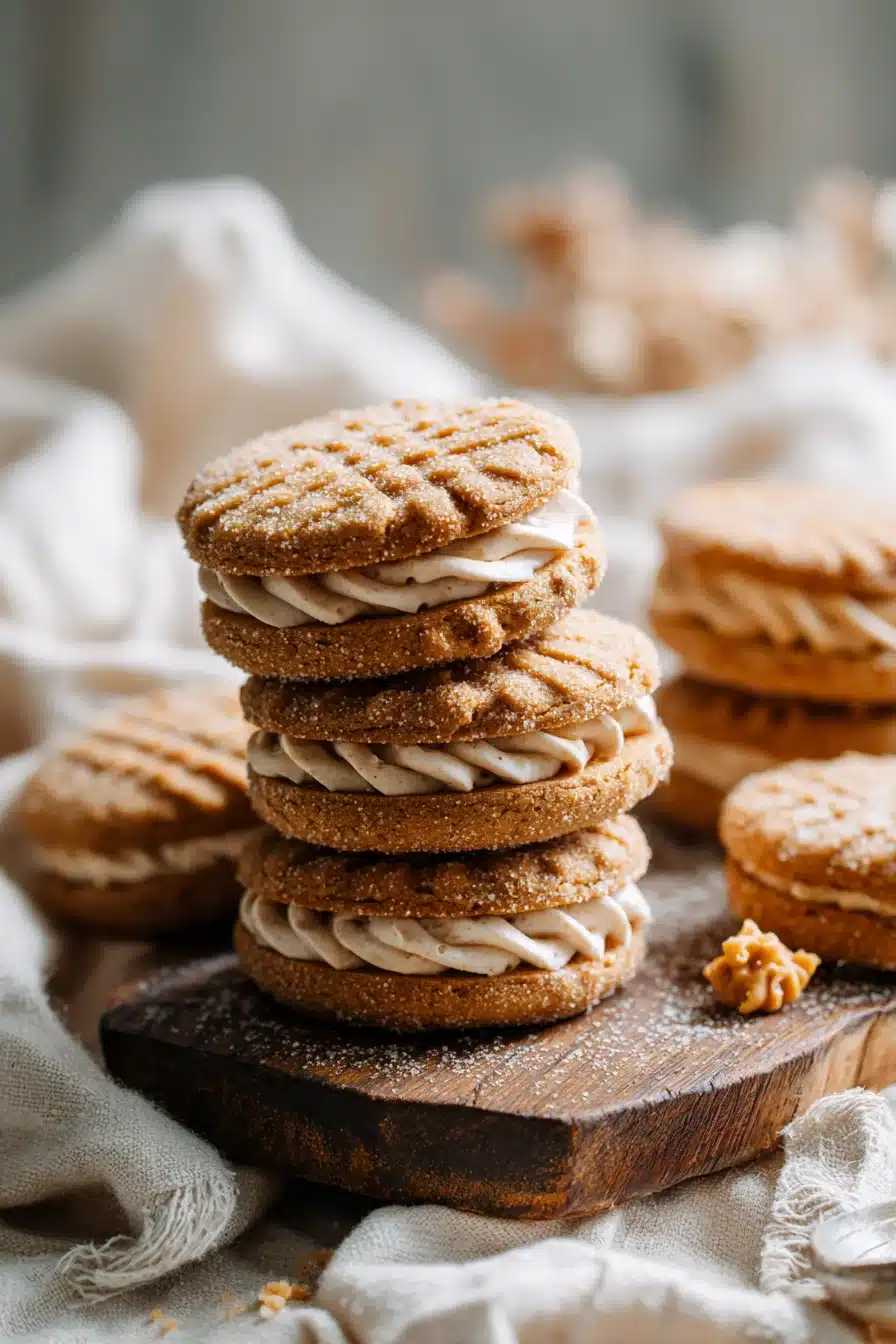 Homemade Nutter Butter cookies with creamy peanut butter filling on a rustic wooden serving board