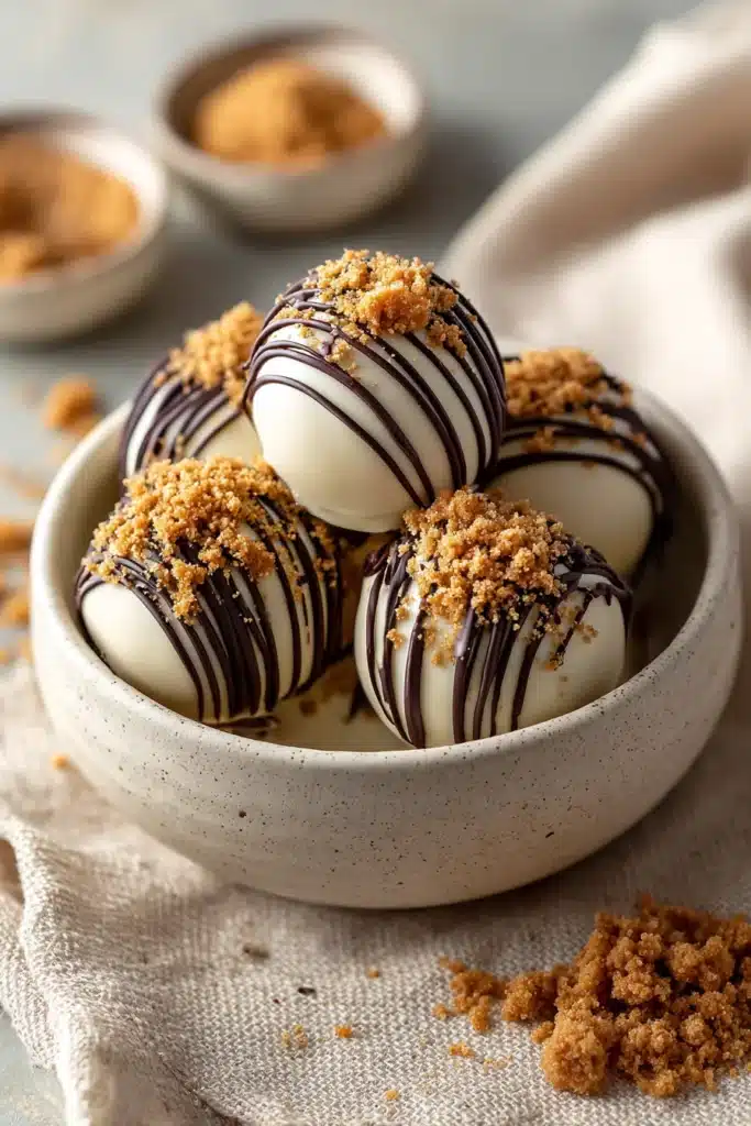Irresistible Biscoff Truffles 3 Irresistible Biscoff truffles with white chocolate drizzle and cookie crumb topping