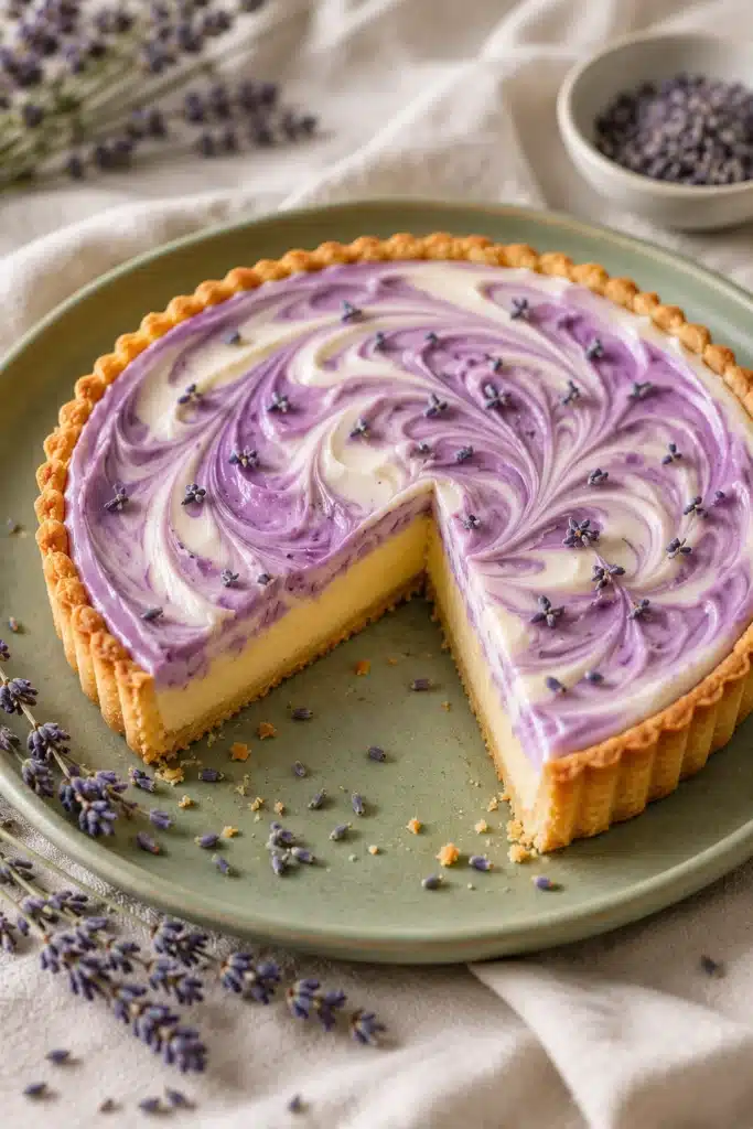Lavender dream tart with creamy custard and purple swirl topping on golden crust