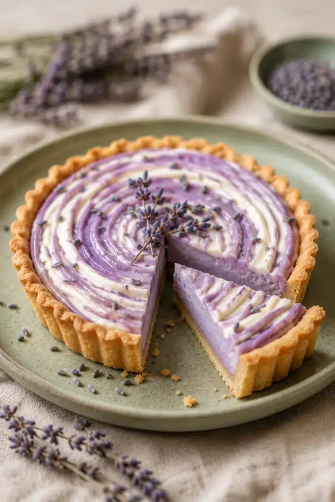 Lavender Dream Tart sliced showing creamy custard and purple swirl topping