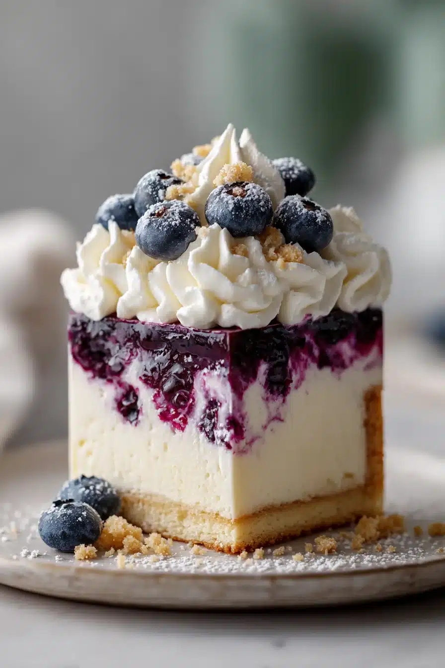Lemon blueberry shortbread mousse cake slice with fresh blueberries and creamy layers