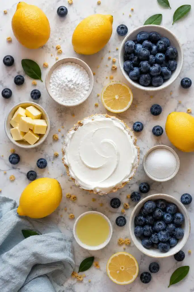 Lemon Blueberry Shortbread Mousse Cake 3 Lemon blueberry dessert ingredients with fresh lemons, blueberries, and creamy filling