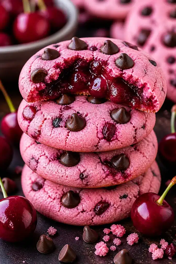 maraschino cherry chocolate chip cookies with gooey cherry filling and chocolate chips
