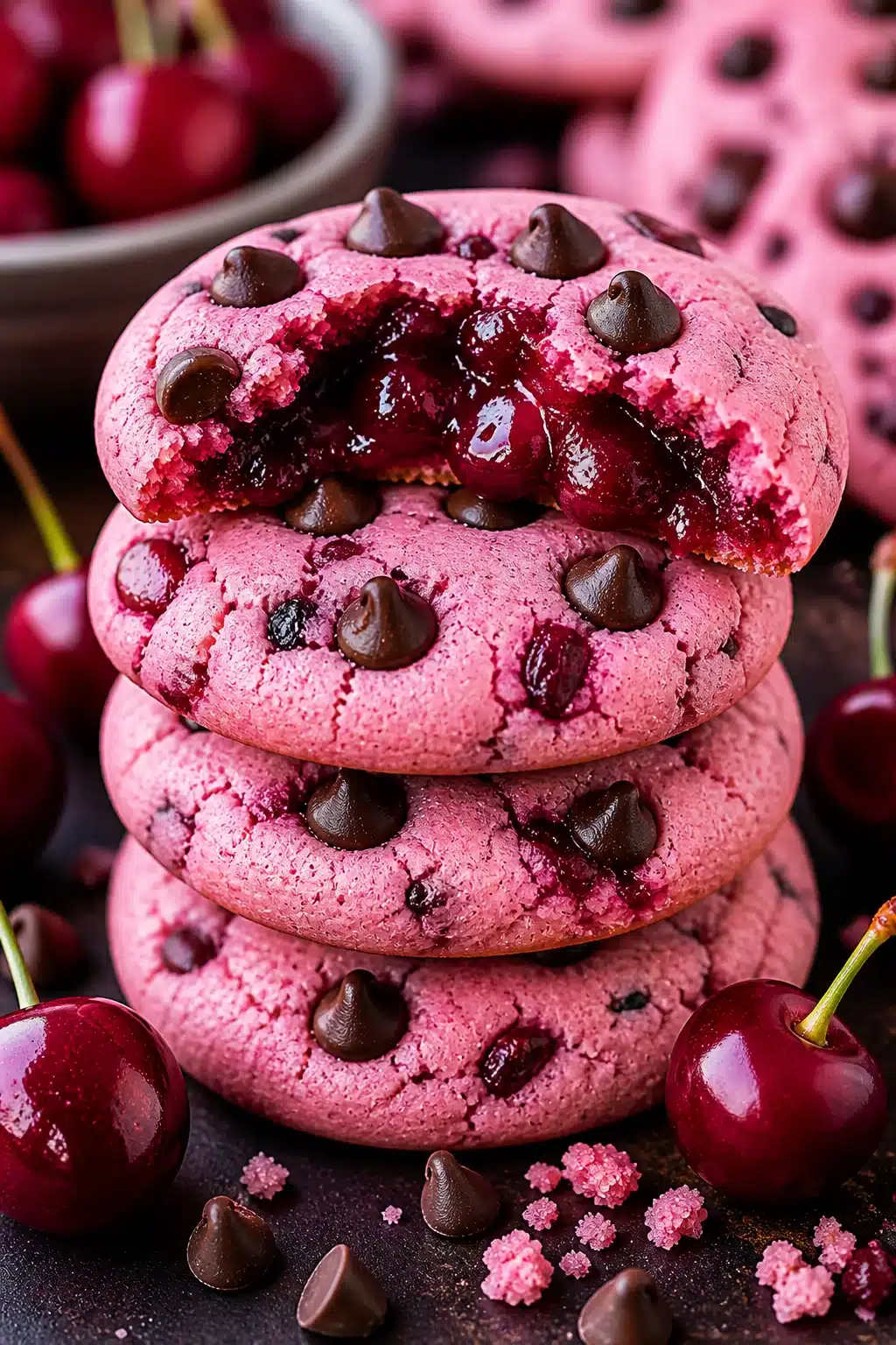 maraschino cherry chocolate chip cookies with gooey cherry filling and chocolate chips