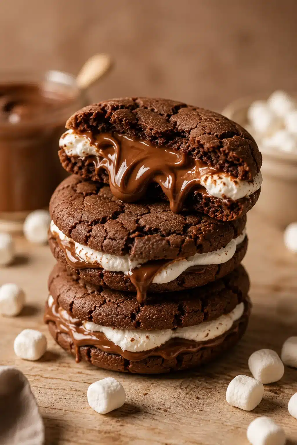 Nutella marshmallow cookies stacked with gooey chocolate filling and soft marshmallow center