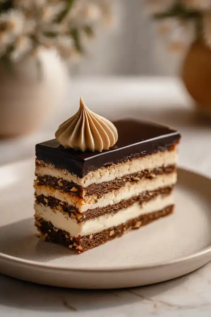 Opera Cake 3 Opera Cake slice with coffee buttercream and chocolate glaze on a ceramic plate